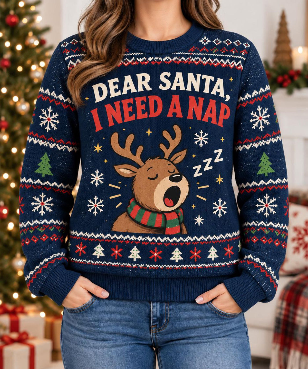 Sleepy Reindeer Ugly Christmas Sweater, Funny Holiday Nap Sweatshirt, Cozy Xmas Party Pullover