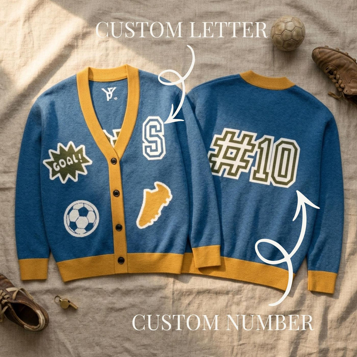 Soccer Cardigan, Personalized Cotton Blend Knit with Custom Initial Number