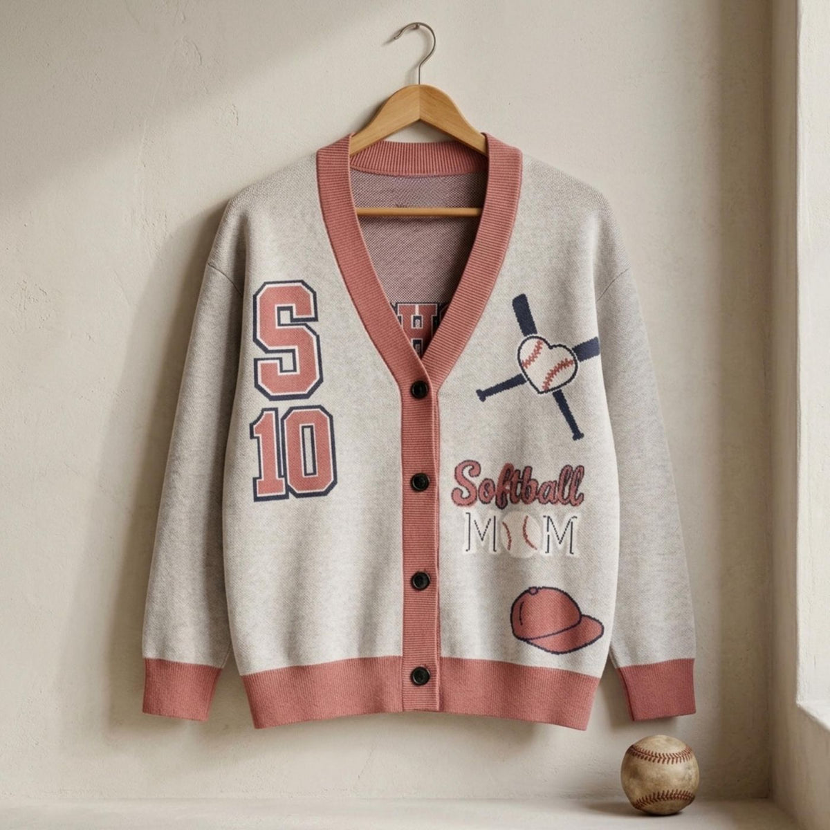 Softball Cardigan, Cotton Blend Knit with Custom Name and Number
