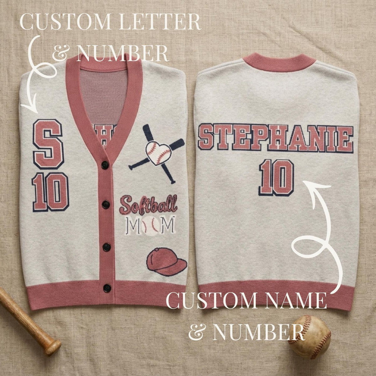 Softball Cardigan, Cotton Blend Knit with Custom Name and Number