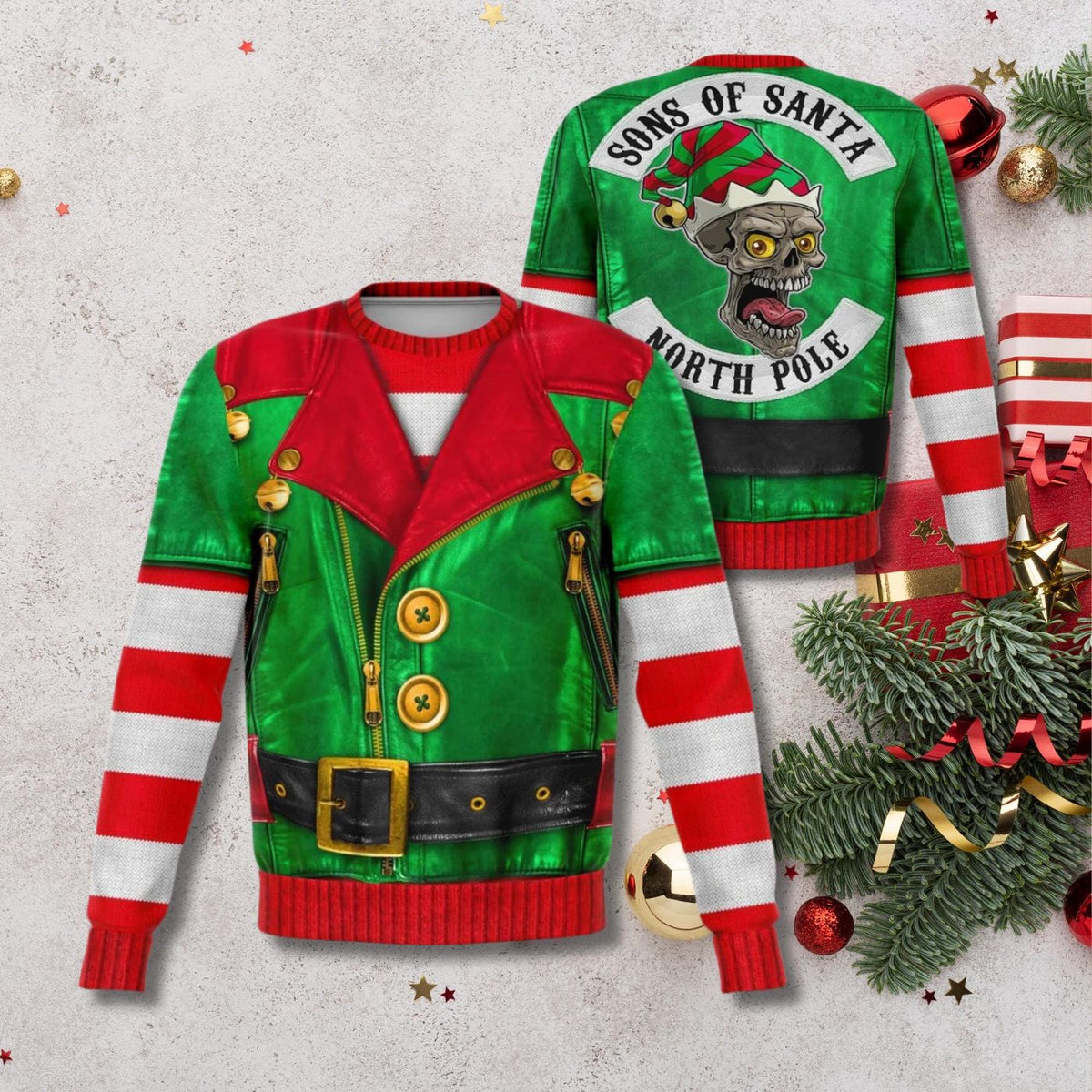 Elf Biker Ugly Christmas Sweater Green Leather Jacket Print Men Women