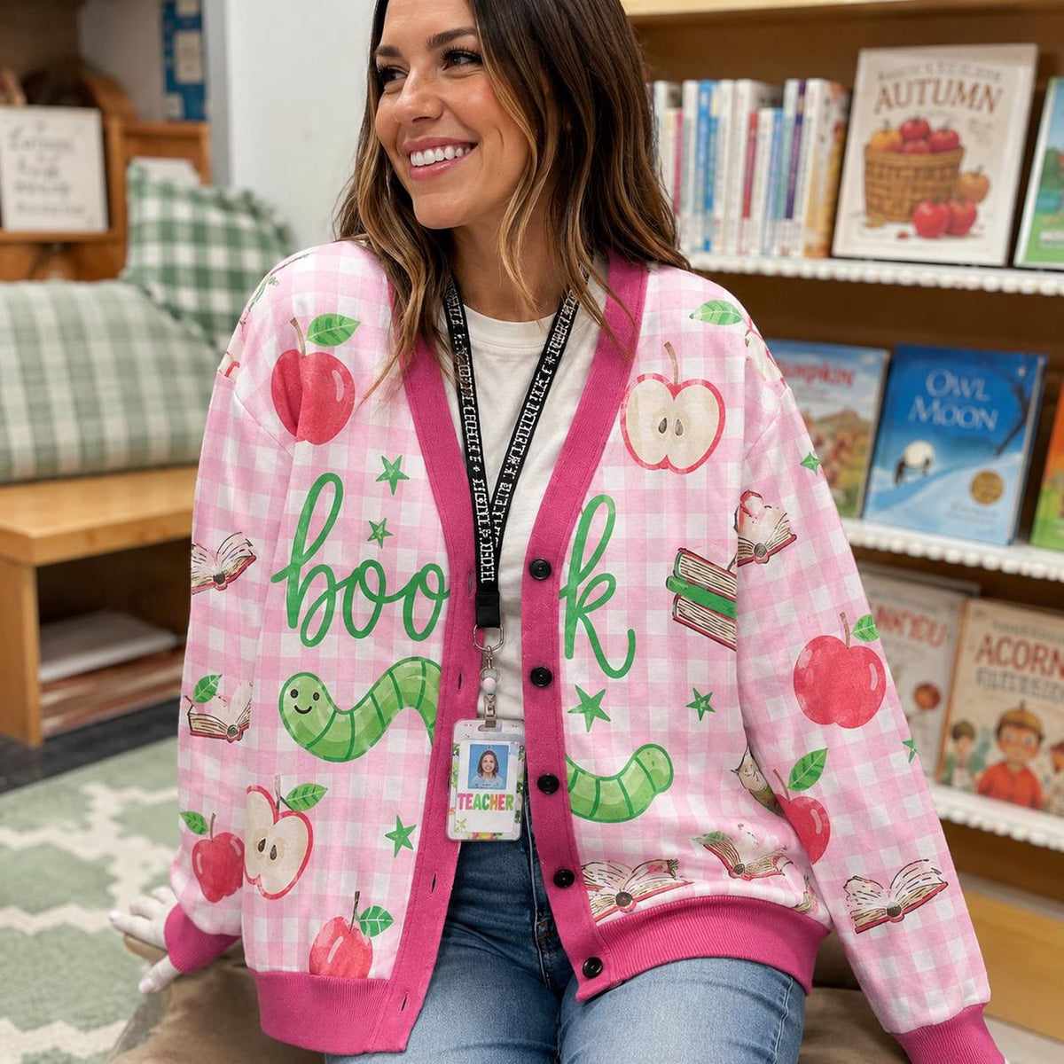 Teacher Cardigan, Pink Gingham Bookworm Classroom Button Sweater