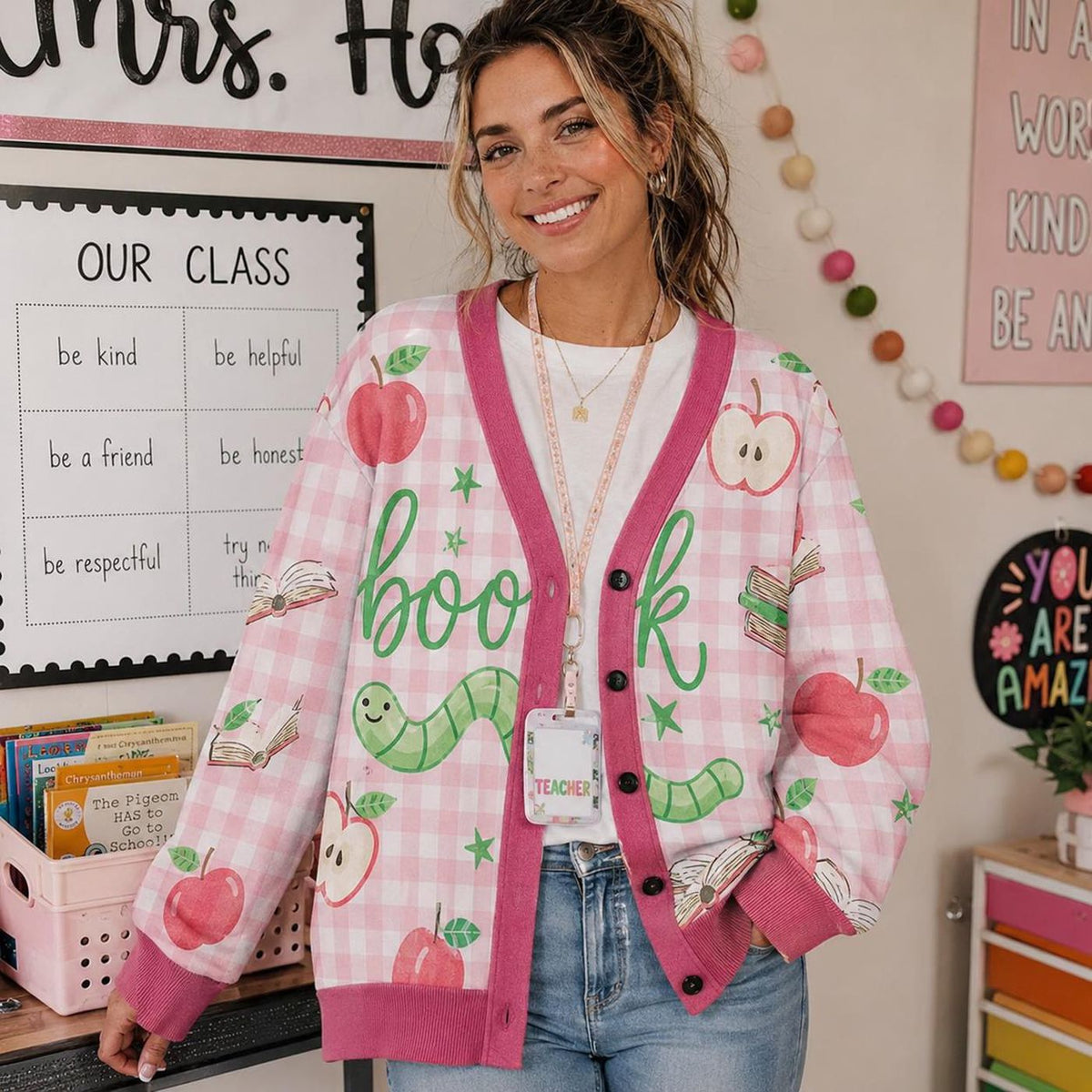 Teacher Cardigan, Pink Gingham Bookworm Classroom Button Sweater