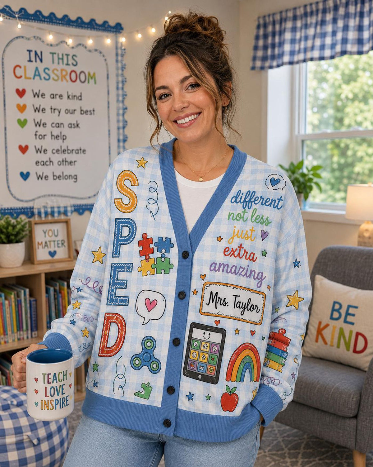Teacher Cardigan, SPED Blue Gingham Button Sweater Classroom Graphic
