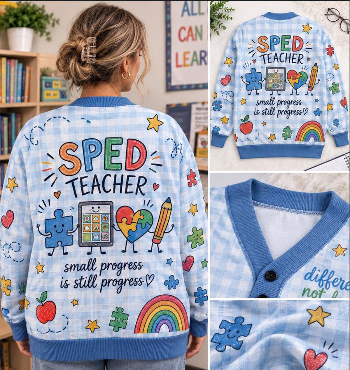 Teacher Cardigan, SPED Blue Gingham Button Sweater Classroom Graphic