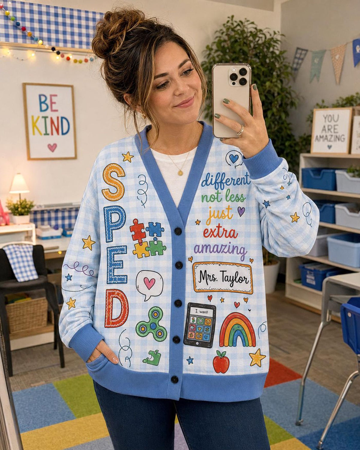 Teacher Cardigan, SPED Blue Gingham Button Sweater Classroom Graphic