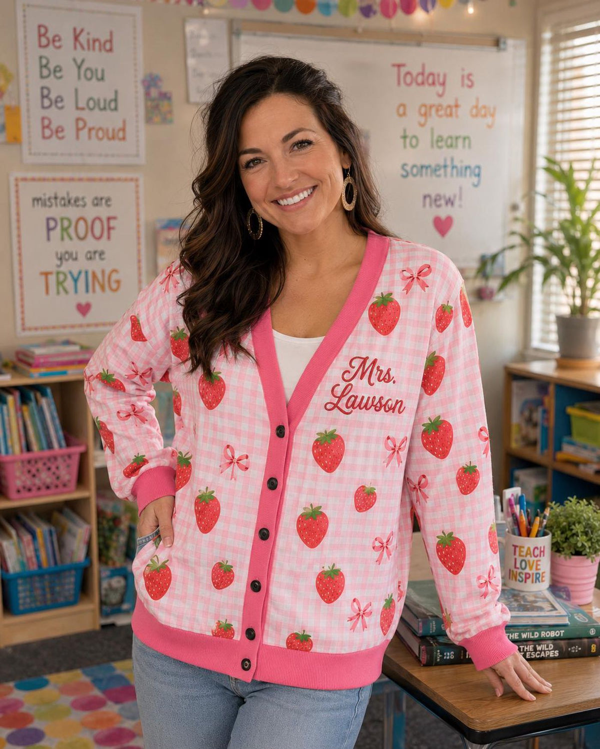 Teacher Cardigan, Strawberry Gingham Sweater, "Teaching is my Jam" Graphic