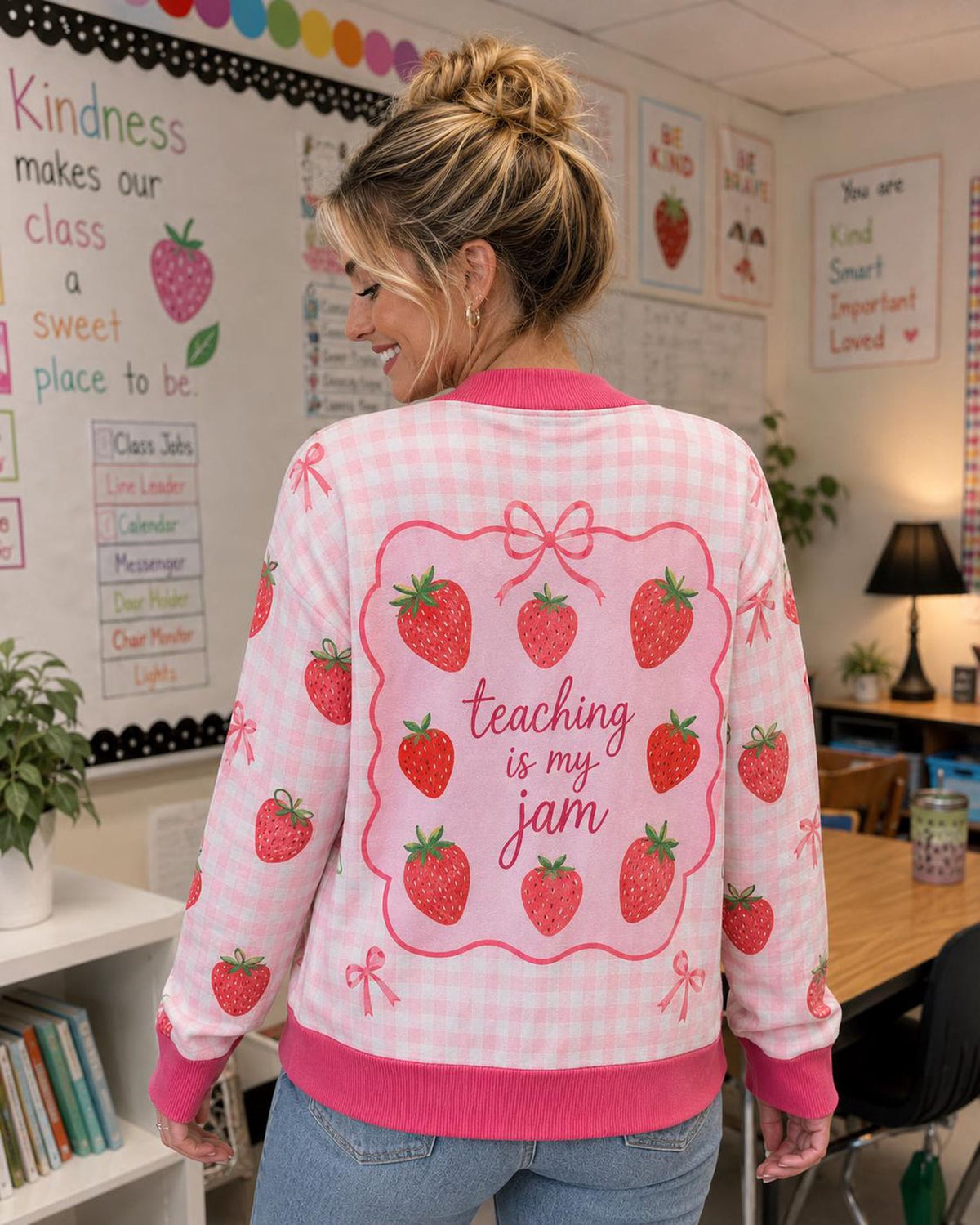 Teacher Cardigan, Strawberry Gingham Sweater, "Teaching is my Jam" Graphic