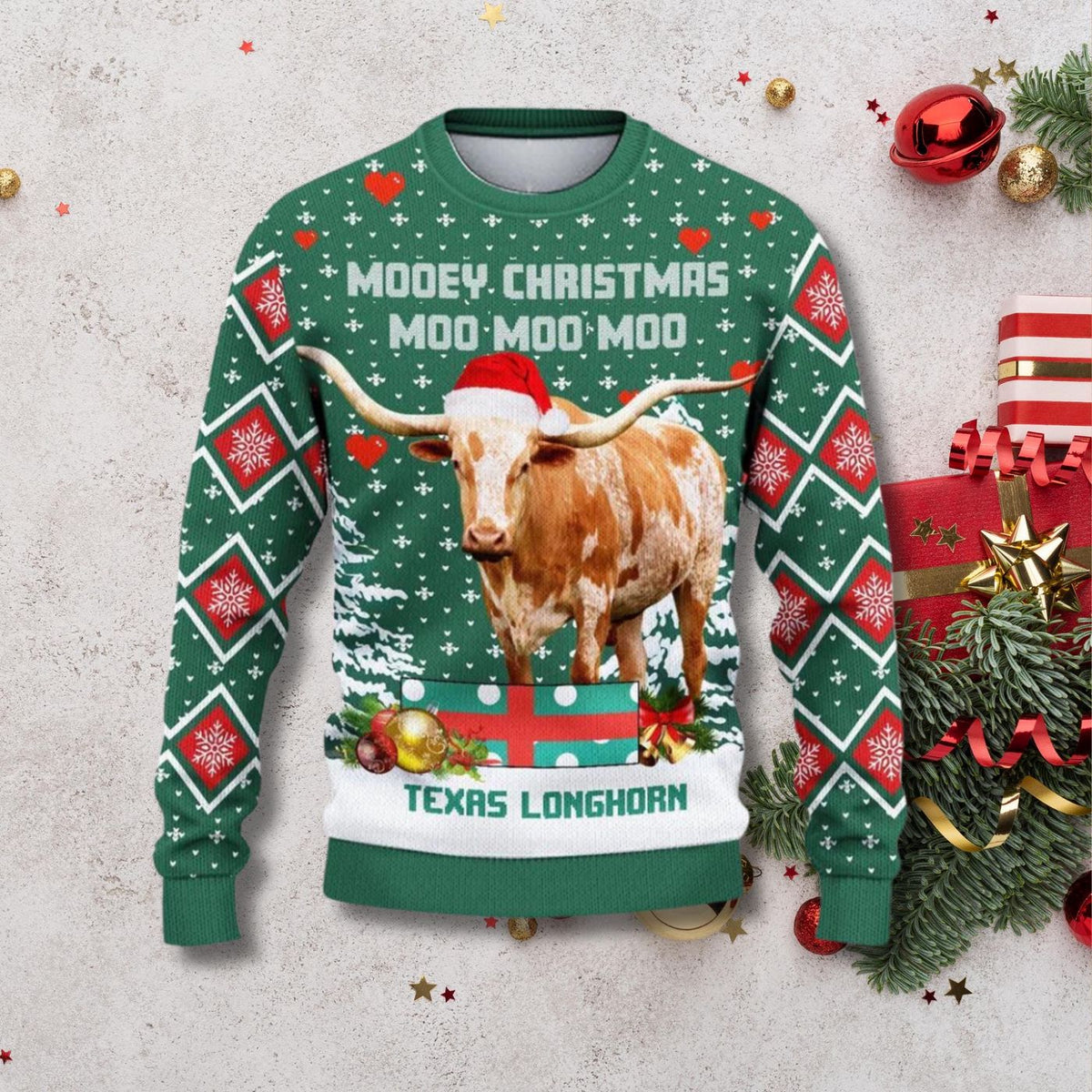 Texas Longhorn Cow Christmas Sweater Ugly Xmas Jumper Unisex Holiday Top