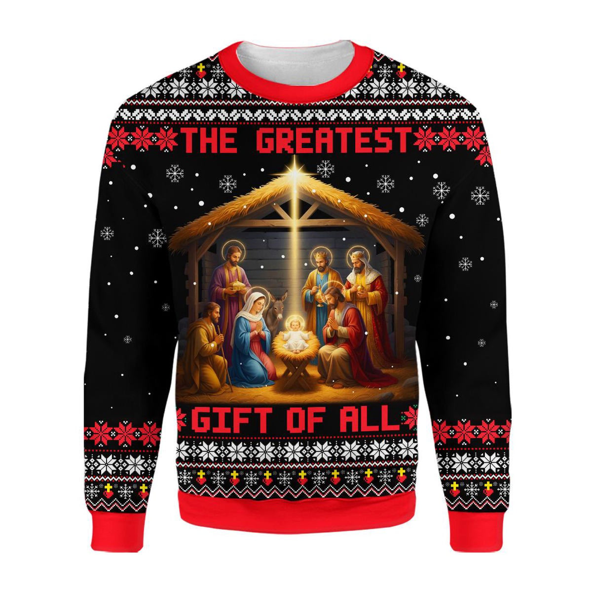 The Greatest Gift of All Christmas Sweatshirt, Nativity Scene Jesus Birth Holiday Jumper, Christian Fake Ugly Xmas Sweater