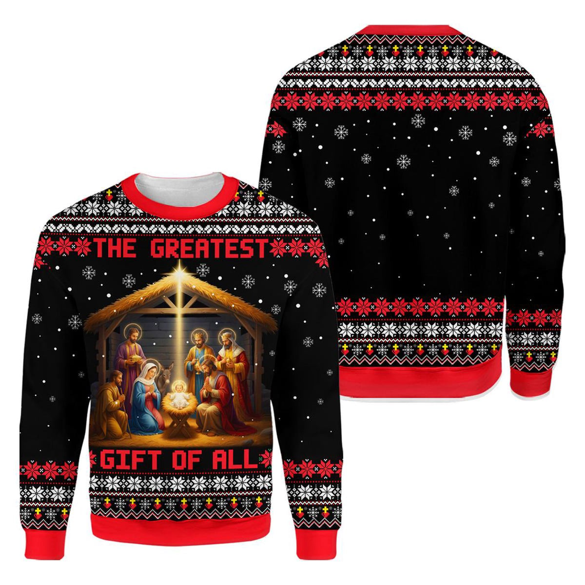 The Greatest Gift of All Christmas Sweatshirt, Nativity Scene Jesus Birth Holiday Jumper, Christian Fake Ugly Xmas Sweater