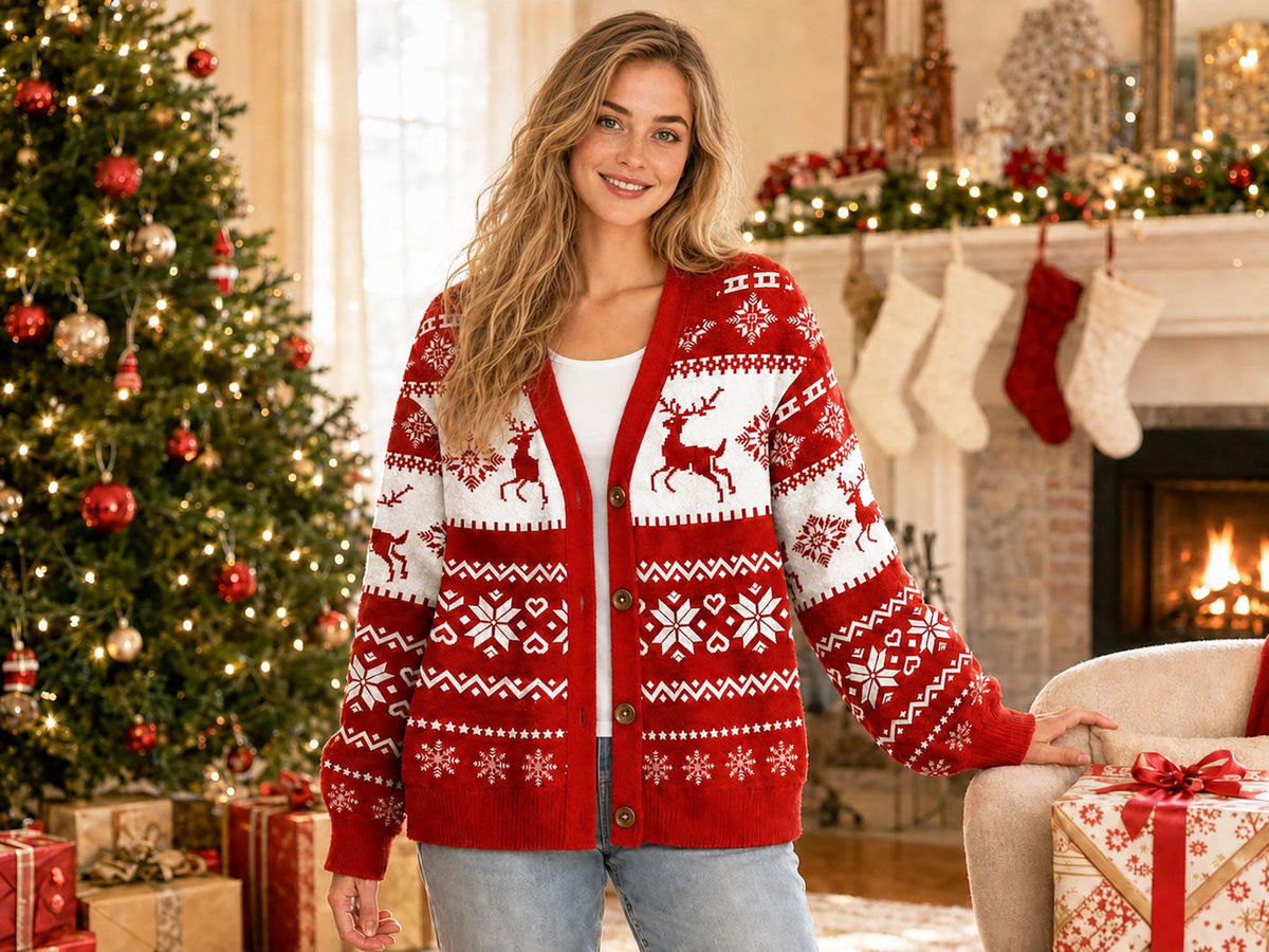 Ugly Christmas Cardigan Sweater Red Reindeer Penguin Polar Bear Family Matching Outfit Holiday Party Gift