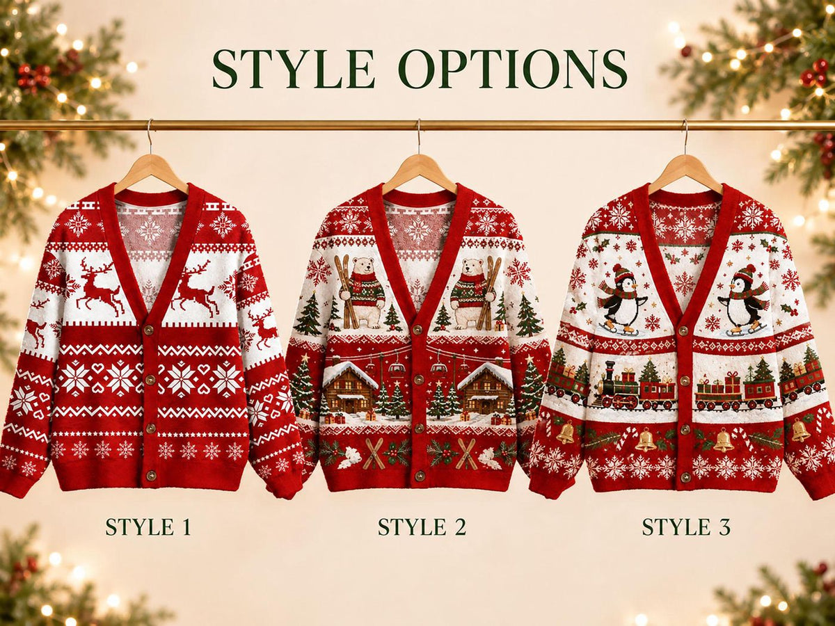 Ugly Christmas Cardigan Sweater Red Reindeer Penguin Polar Bear Family Matching Outfit Holiday Party Gift