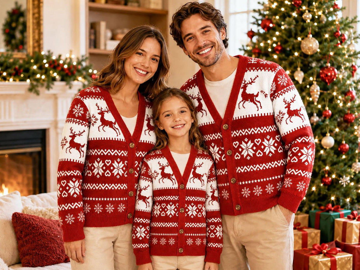Ugly Christmas Cardigan Sweater Red Reindeer Penguin Polar Bear Family Matching Outfit Holiday Party Gift