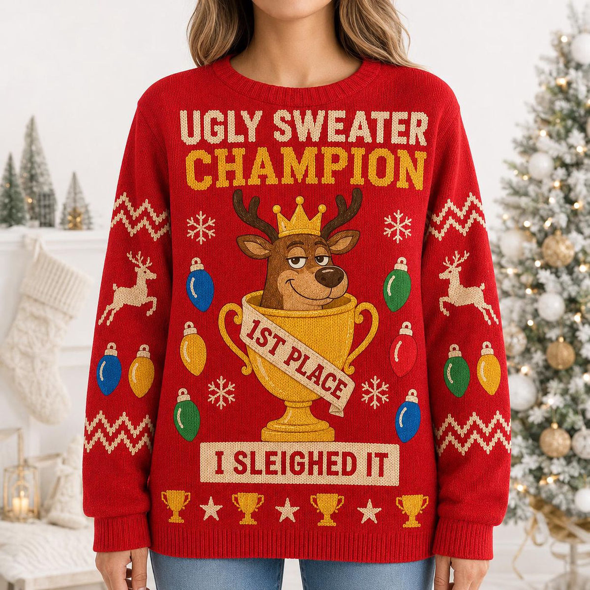 Ugly Christmas Sweater Contest Winner, Funny Reindeer Trophy Holiday Sweatshirt, Christmas Party Champion Gift