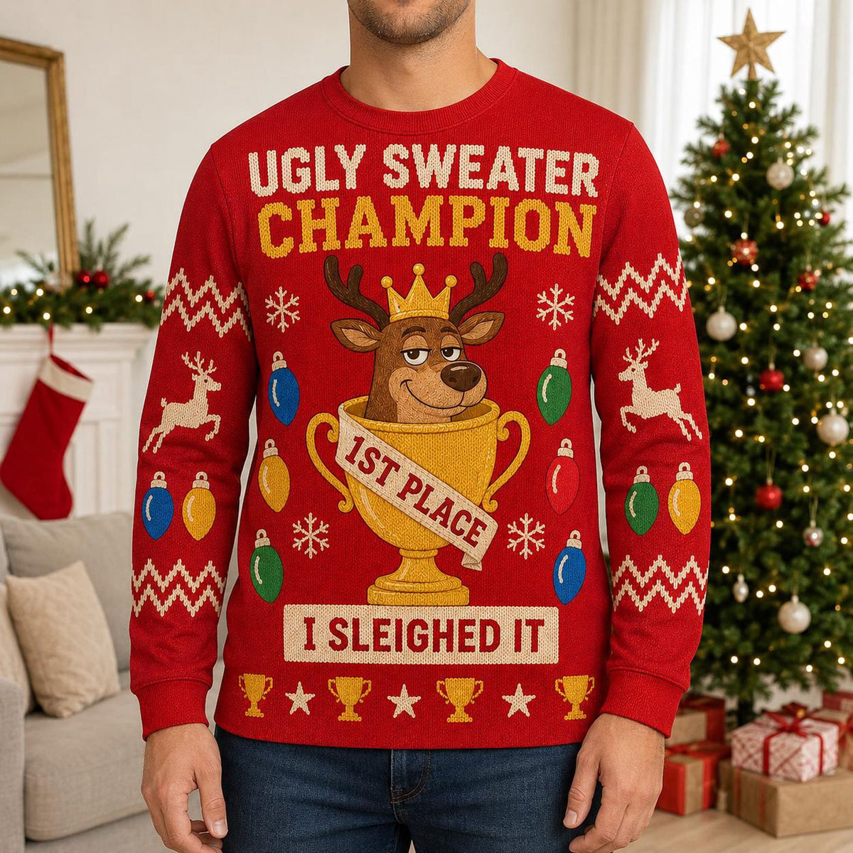 Ugly Christmas Sweater Contest Winner, Funny Reindeer Trophy Holiday Sweatshirt, Christmas Party Champion Gift