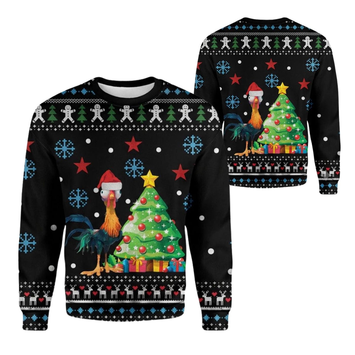 Unisex Black Christmas Rooster Ugly Sweater, Funny Chicken Holiday Gift for Men Women