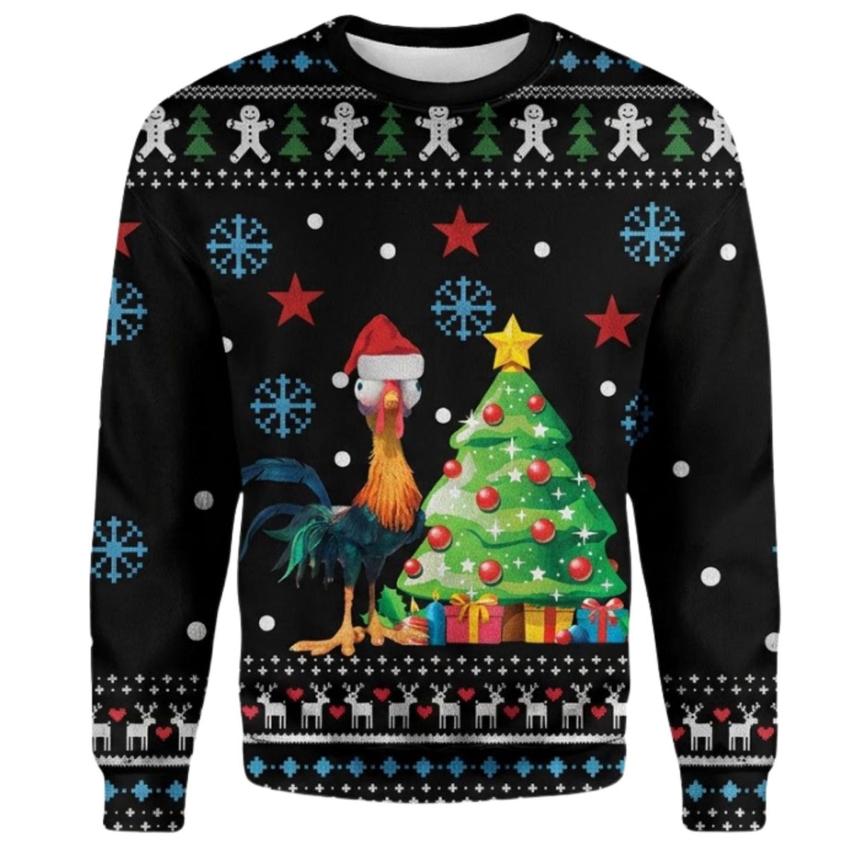 Unisex Black Christmas Rooster Ugly Sweater, Funny Chicken Holiday Gift for Men Women