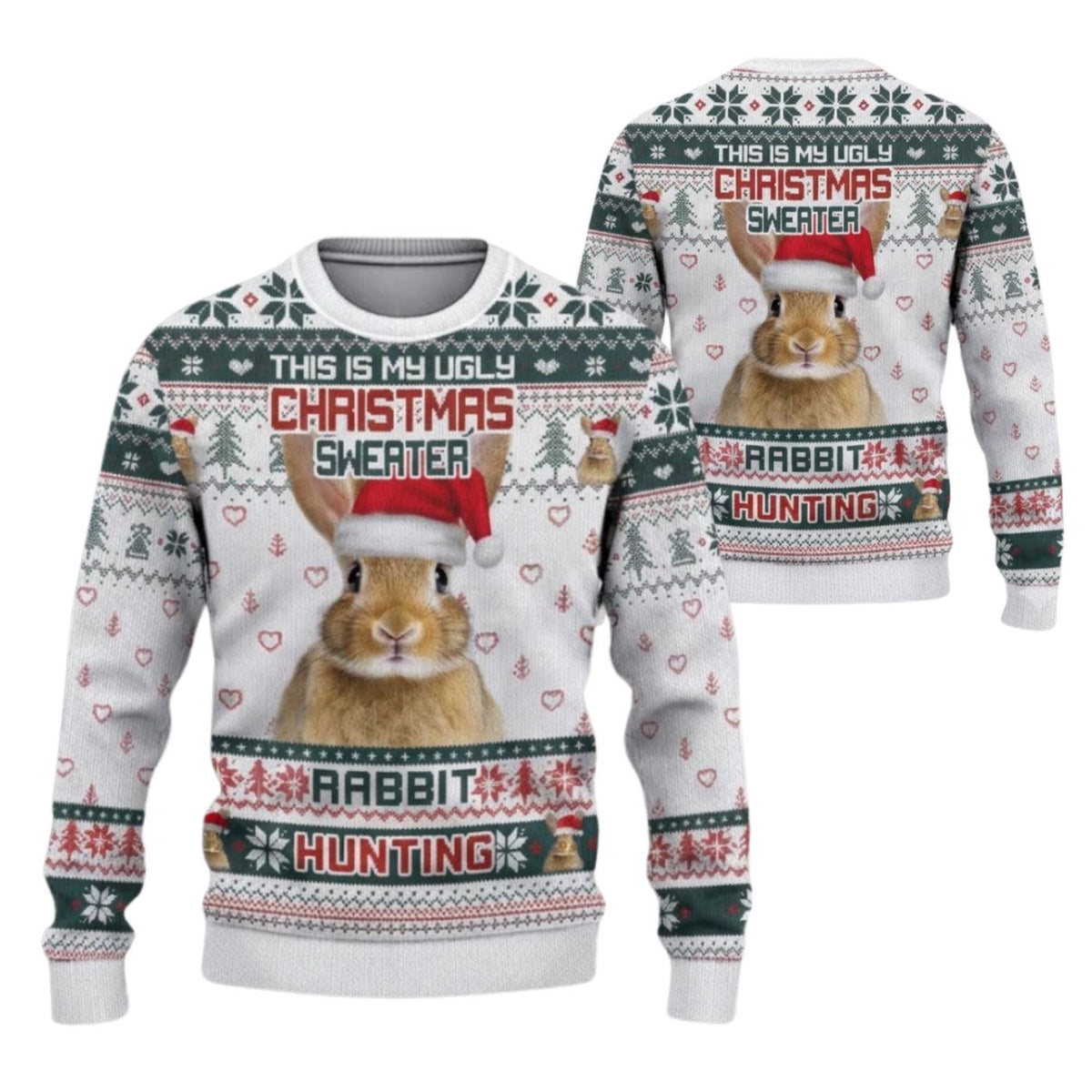 Unisex Ugly Christmas Sweater, Funny Rabbit Hunting Holiday Pullover for Men and Women