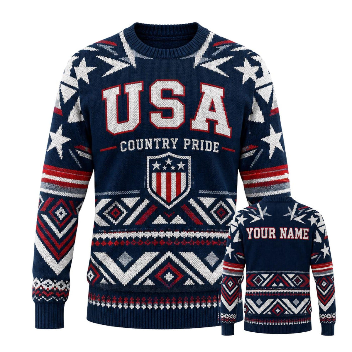 USA Knitted Sweater Custom Name Country Pride Patriotic Knit Shirt