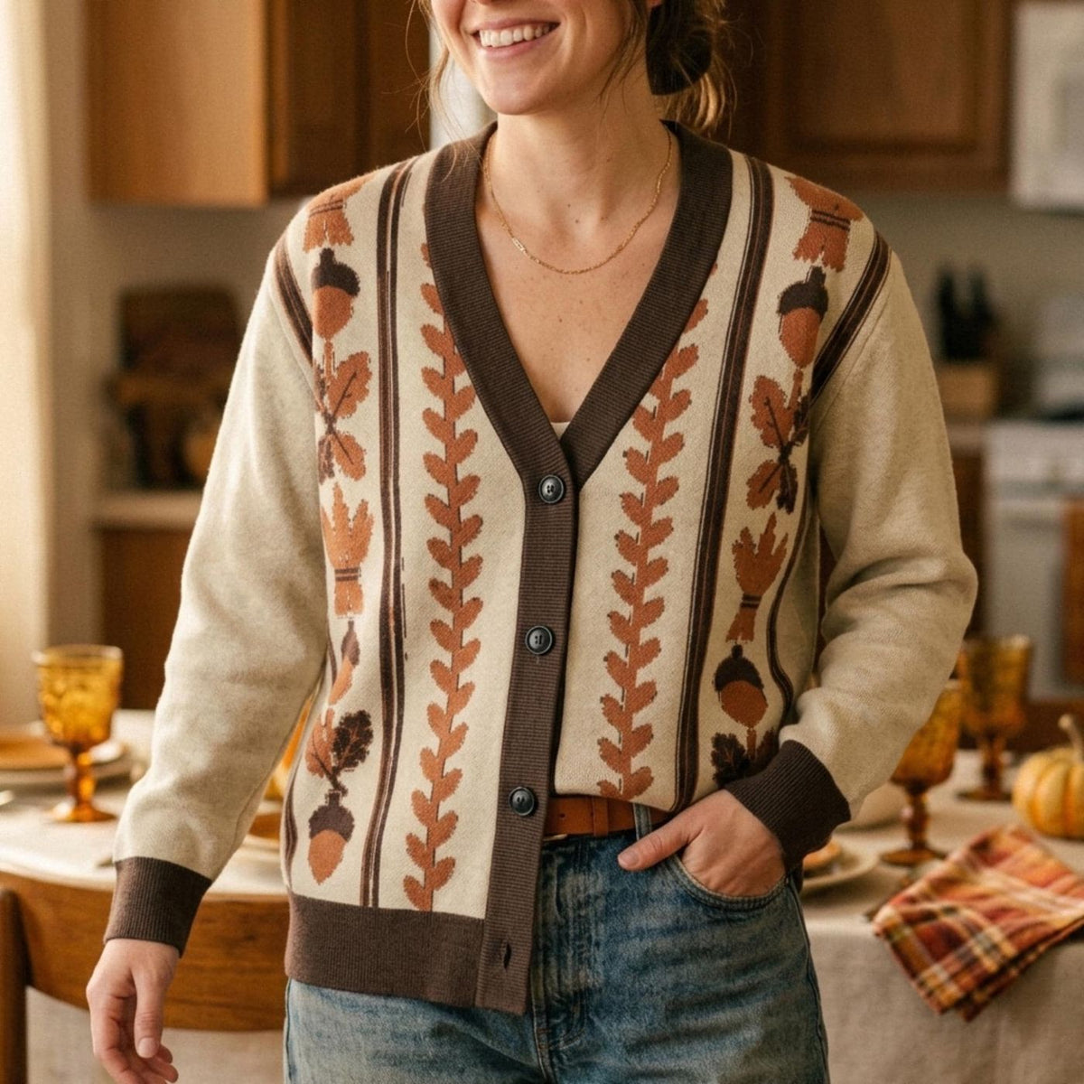 Vintage Inspired Acorn Cardigan, Fall Harvest Jacquard Knit Sweater, Oak Leaf & Wheat Striped Button-Up, Unisex Autumn Cardigan