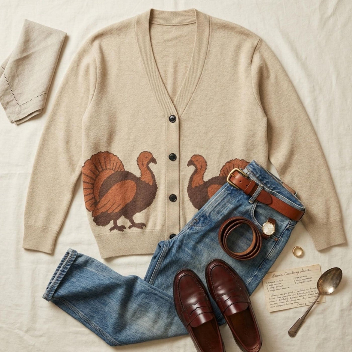 Vintage Inspired Turkey Cardigan, Thanksgiving Graphic Knit Sweater, Oversized Jacquard Button-Up, Unisex Fall Cardigan