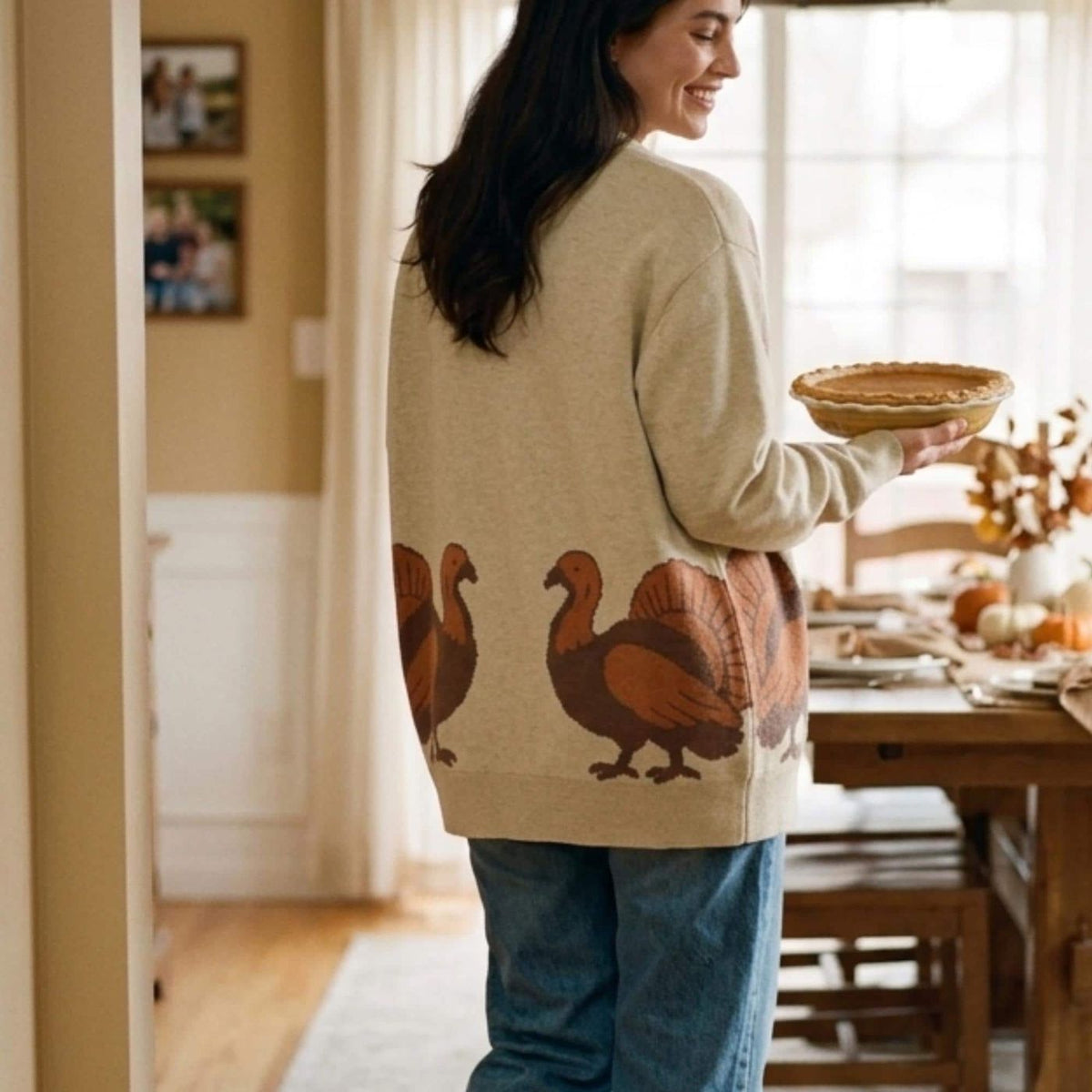 Vintage Inspired Turkey Cardigan, Thanksgiving Graphic Knit Sweater, Oversized Jacquard Button-Up, Unisex Fall Cardigan