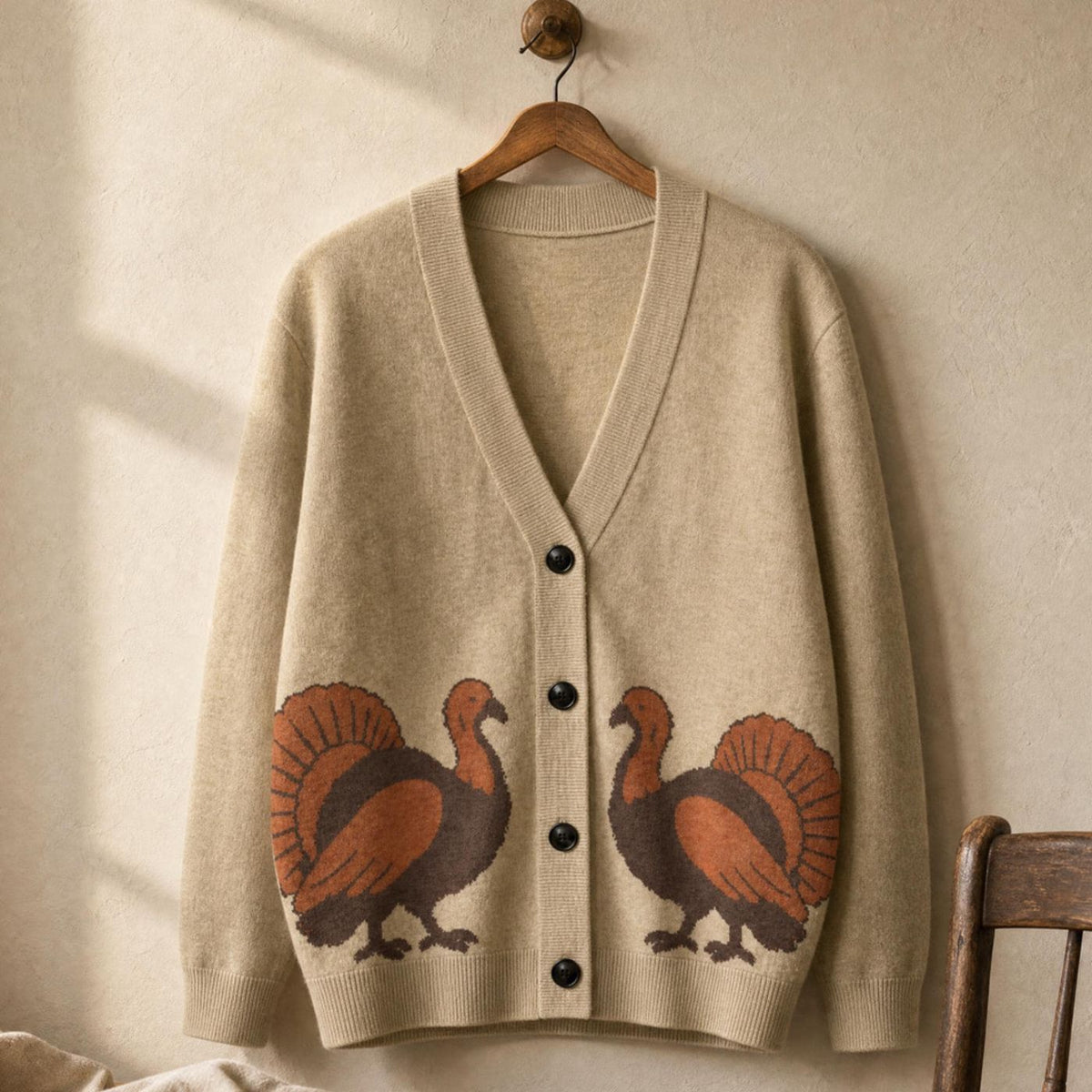 Vintage Inspired Turkey Cardigan, Thanksgiving Graphic Knit Sweater, Oversized Jacquard Button-Up, Unisex Fall Cardigan