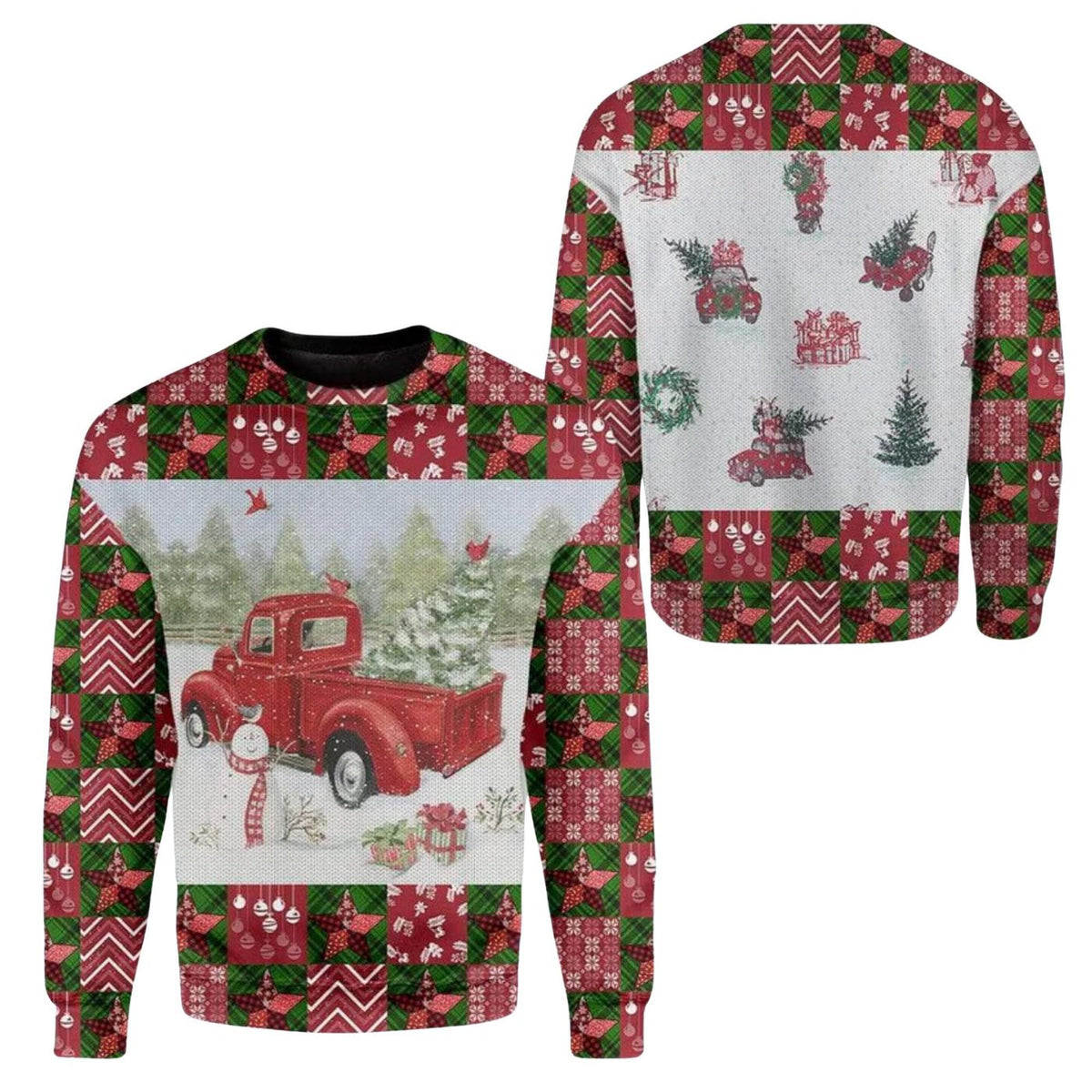 Vintage Red Truck Christmas Sweatshirt, Holiday Quilt Patchwork Shirt, Unisex Gift